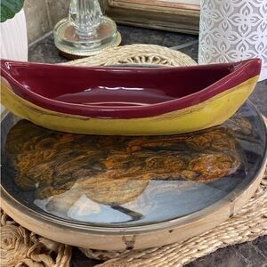 Vintage Pottery Red and Yellow  Boat Bowl